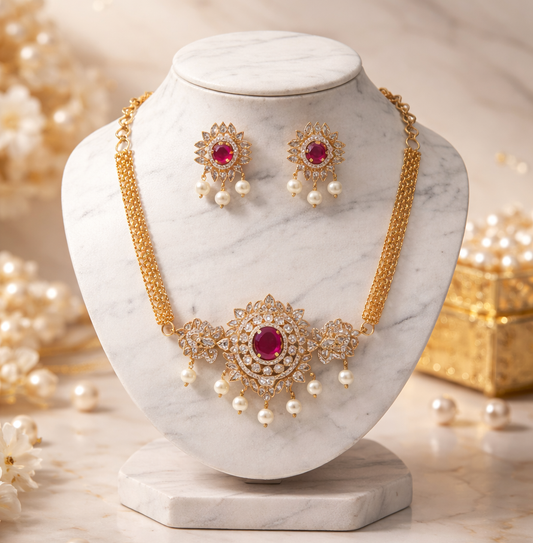 Matte Gold Ruby Stone Necklace Set