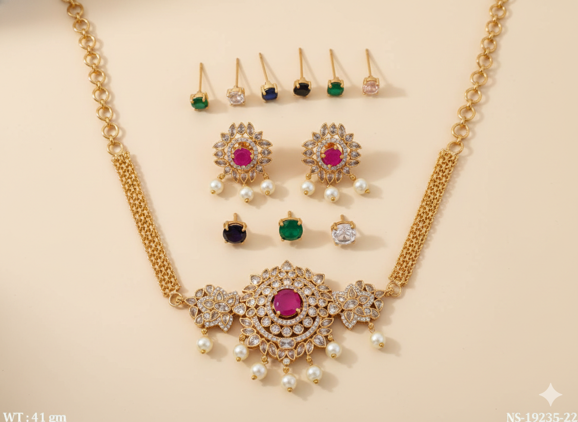 Matte Gold Ruby Stone Necklace Set