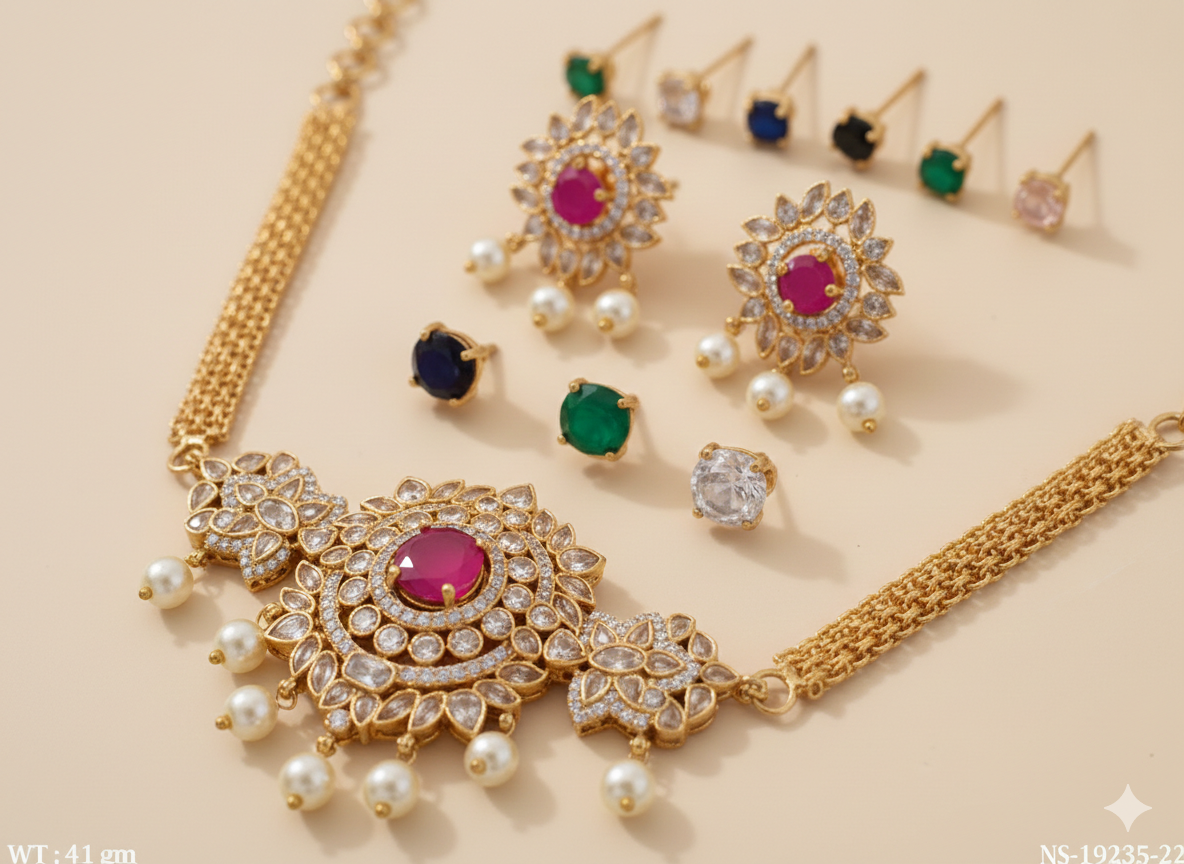 Matte Gold Ruby Stone Necklace Set