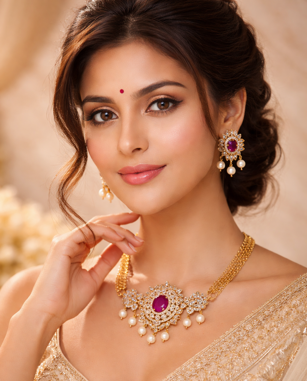 Matte Gold Ruby Stone Necklace Set