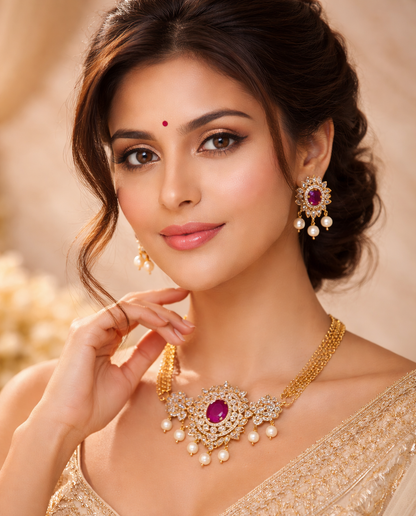 Matte Gold Ruby Stone Necklace Set