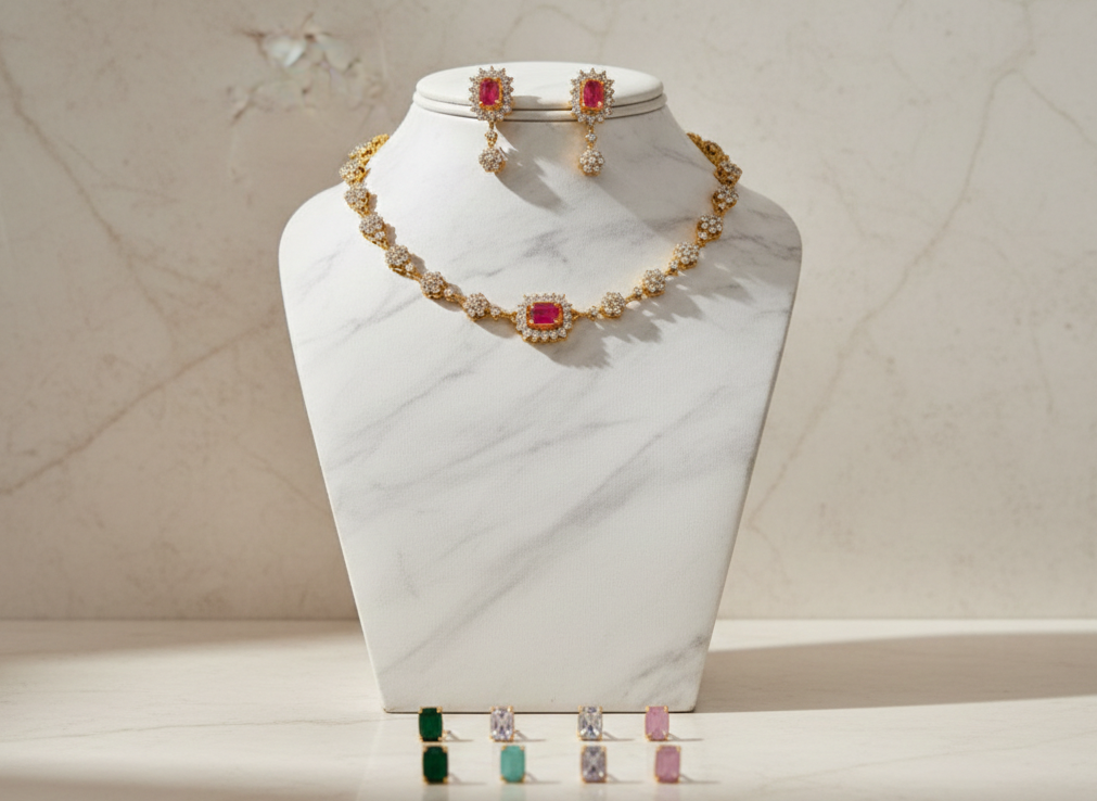 Minimal Ruby Matte Gold Necklace Set