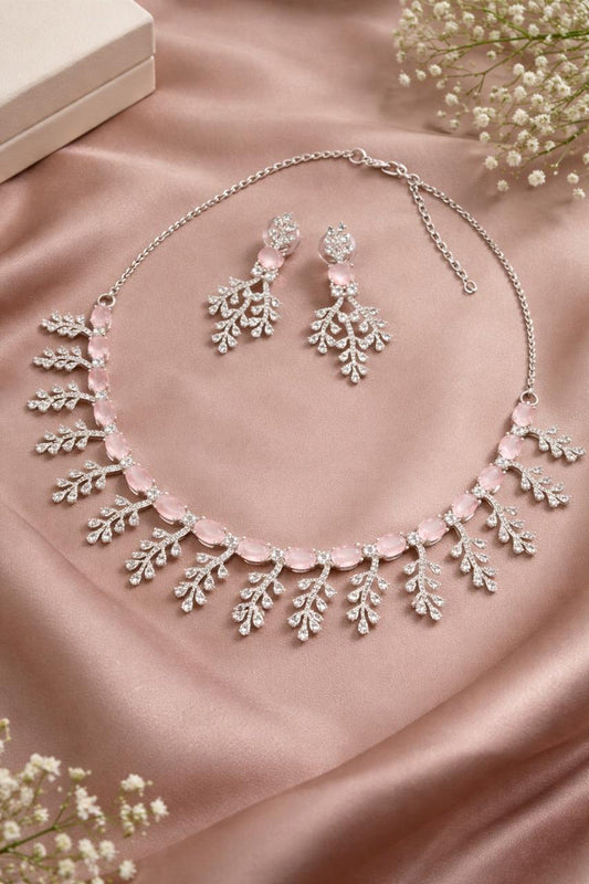 Pink Crystal Leaf Necklace Set