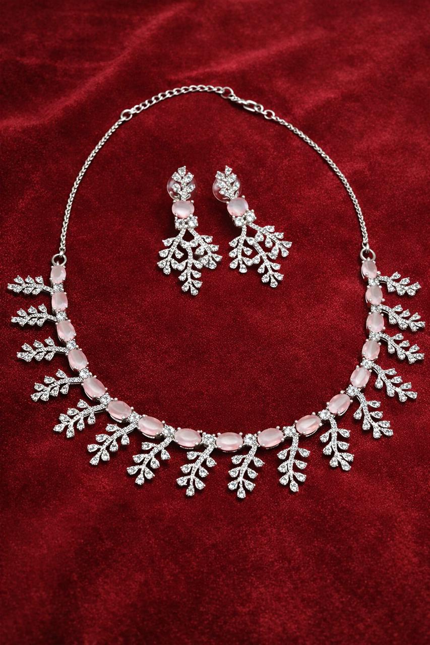 Pink Crystal Leaf Necklace Set