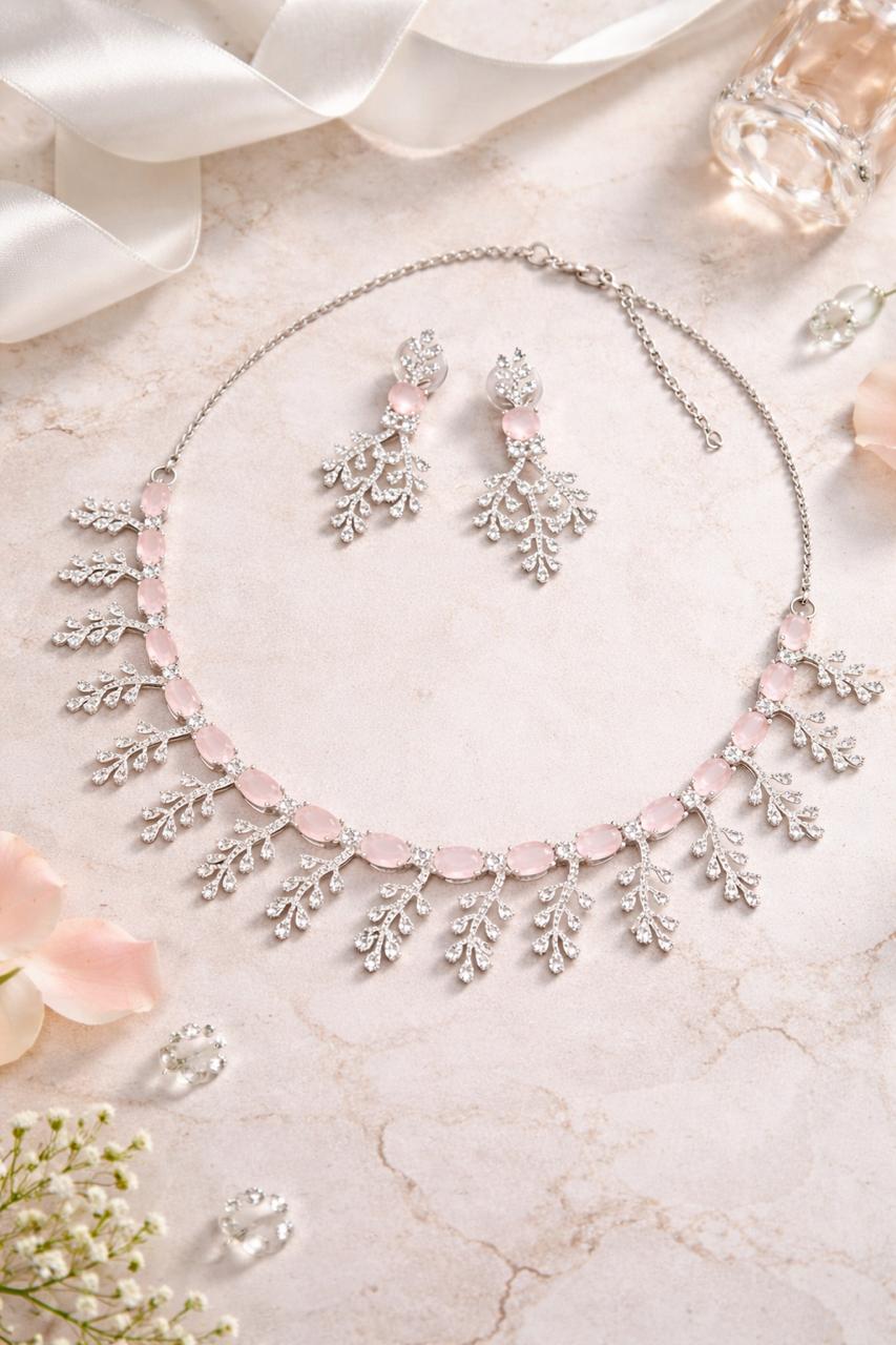 Pink Crystal Leaf Necklace Set