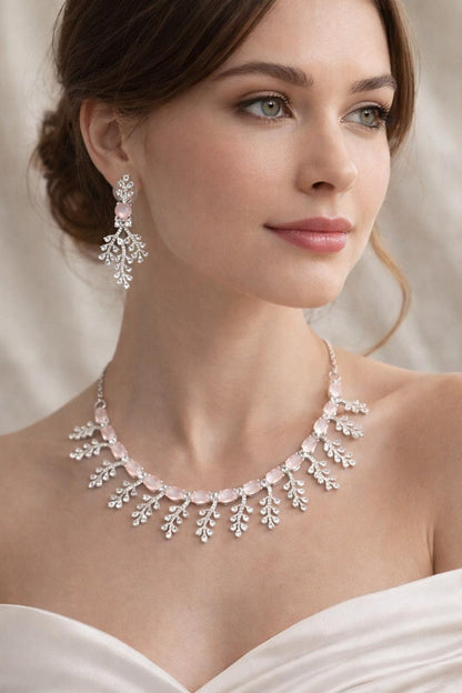 Pink Crystal Leaf Necklace Set